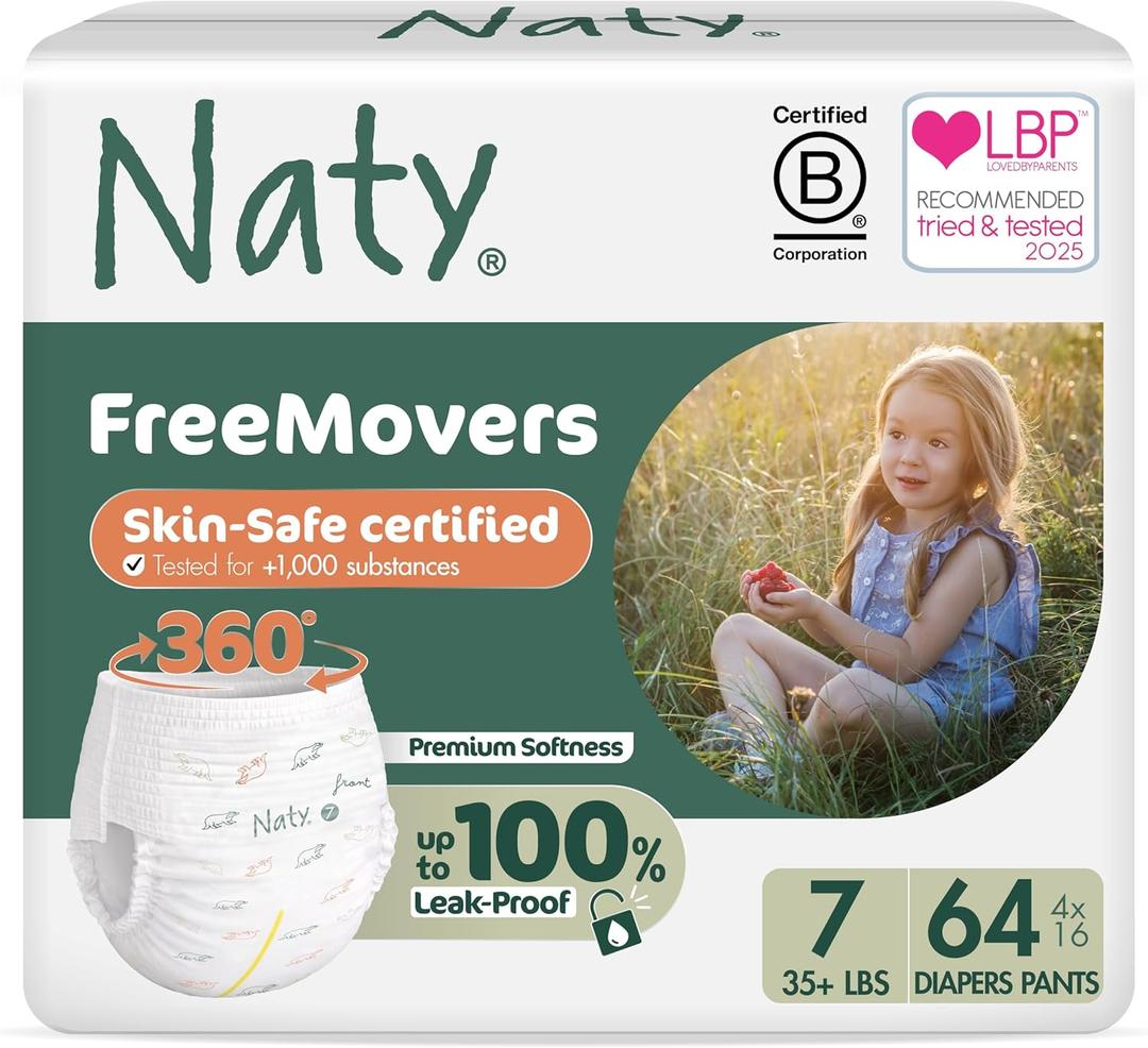Naty FreeMovers Pull Up Training Pants for Sensitive Skin | Hypoallergenic Potty Training Underwear | Absorbent & Leak-Proof for Toddler | Soft, Unscented | Size 7, 5T6T (35+ lbs), 64 Count
