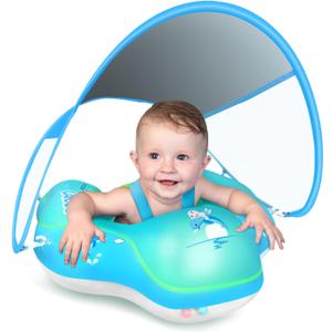 LAYCOL Baby Swimming Float Inflatable Baby Pool Float Ring with Sun Protection Canopy,add Tail no flip Over for Age of 3-36 Months (Large, Blue)