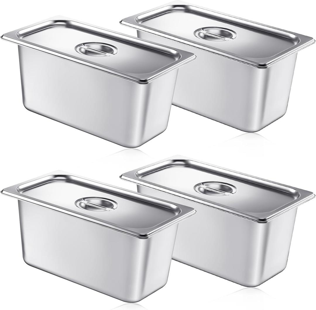 Mifoci 4 Pack Stainless Steam Hotel Pan with Lid, 1/3 Size x 6 Inch Deep Table Steam Pan Restaurant Supplies Reusable Anti Rust Catering Storage for Home, Party, Restaurant, Hotel, Buffet
