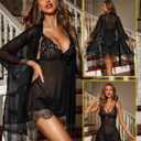 RSLOVE Women Sexy Lingerie Set 3 Piece Babydoll & Lace Kimono Robe Strap Chemise Sleepwear Mesh Nightgown (Black, XXXL)