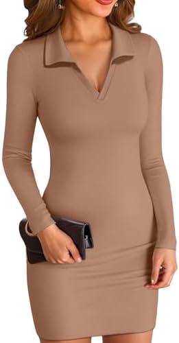 VICHYIE Women Lapel Neck Ribbed Bodycon Tight Fall Dress Long Sleeve Mid Thigh Pencil Above Knee Dresses (L)