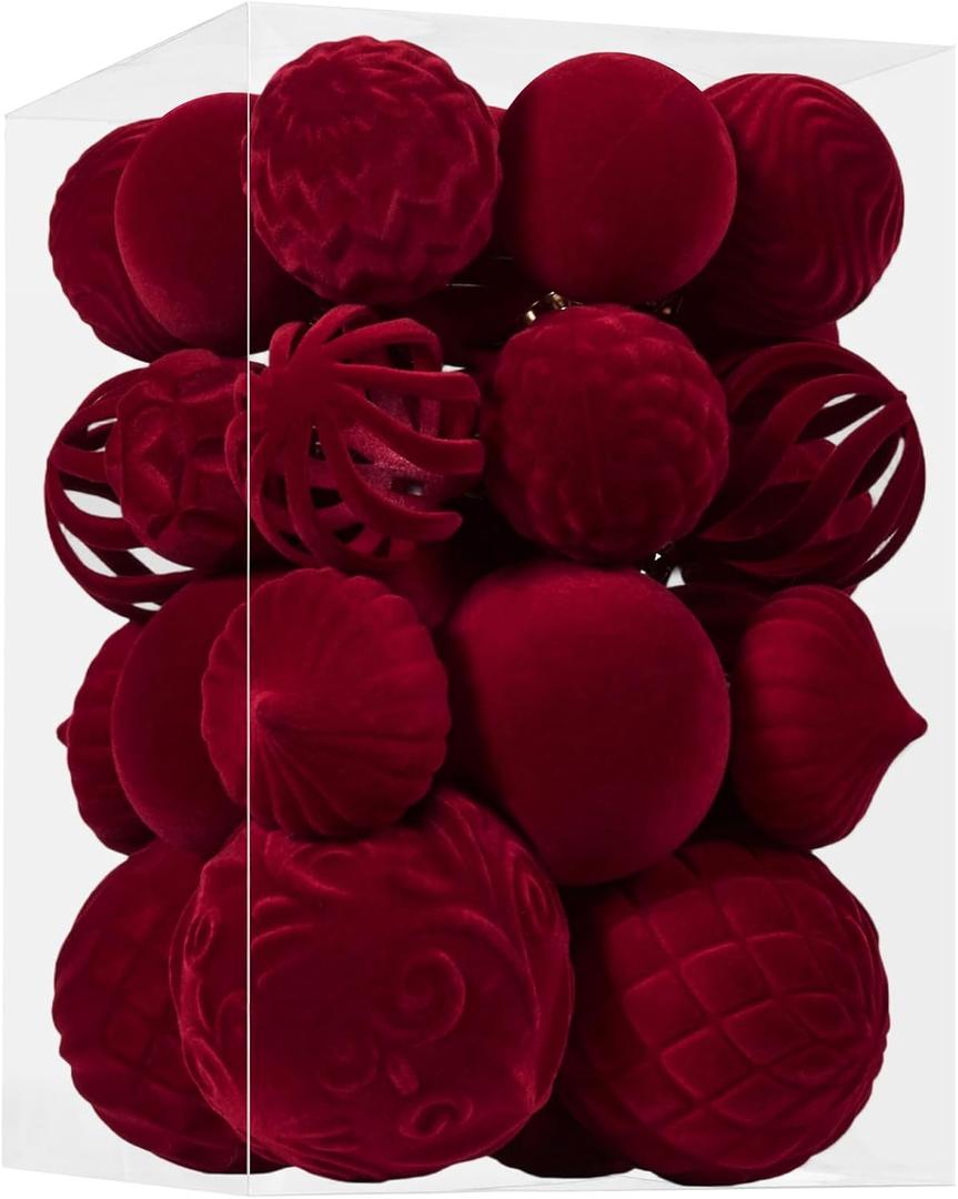 30pcs Velvet Christmas Ball Ornaments, Flocked Shatterproof Christmas Ornaments Hanging Xmas Tree Decorations Set for Home Party Holiday Decor (MultiSize, Burgundy)