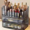 Makeup Organizer with Drawers and 360° Rotating Brush Holder, Large Capacity Cosmetic Storage for Vanity, Skincare, Perfume, Hair Accessories, Lipstick & Jewelry (Transparent Gray, 3-layer)