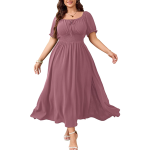 Women's Plus Size Maxi Dress Short Sleeve Smocked Square Neck Tie Front Split A-Line Flowy Long Dresses 2 XL