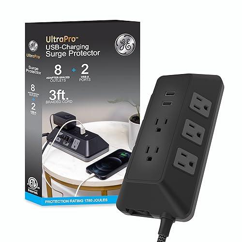 GE UltraPro Adapt 8-Outlet Surge Protector with USB Ports, 2 USB-A Ports, 2.4A, 3ft Braided Cord Power Strip Surge Protector, 1780 Joules, Black, 73776