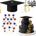 32PCS Graduation Cake Decorations Kit for Class of 2025 Felt Tassel Cap, Firework Cupcake Toppers, Diploma, Balls, Black Theme Graduation Party Supplies for Grads (Black)