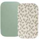 Muslin Bassinet Sheet Compatible with Papablic, Cowiewie, HARPPA, Nordmiex (3 in 1), AMKE Bassient(33x19), 2 Pack Cotton Fitted Bassinet Sheets Super Soft for Baby Roman Green & Botanical Leaf
