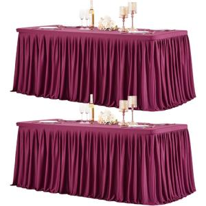 2 Packs Burgundy Polyester Table Clothes for 4 Foot Rectangle Tables, Wrinkle Free Fitted Table Cover 4ft Stretch Tablecloths with Skirt for Parties Weddings Birthday Banquet Baby Shower