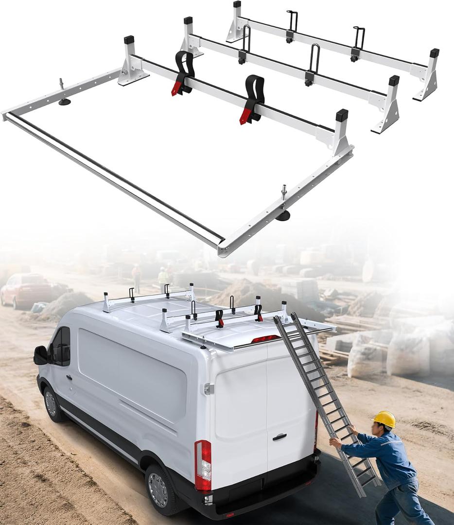 MELIPRON Cargo Van Roof Ladder Rack with 36" Rear Roller (NOT Affect Brake Light) Fit for Ford Transit 150 250 350, Low/Mid/High Roof, 800Lbs Capacity Steel Ladder Rack for Van, NoDrill Required