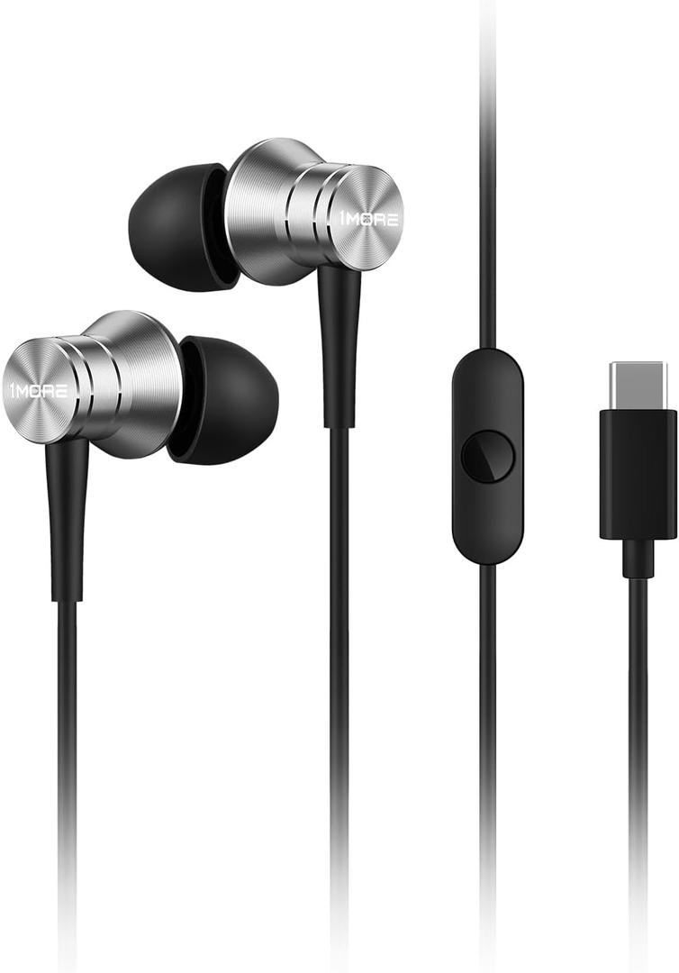 1MORE 2-Pack Piston-Fit Headphones, USB-C in Ear Ear Buds with Mic, Wired Earbuds, Noise Isolation, Control Button, Comfortable Earphones for iPhone 17/16/15/Samsung/Tablet, Silver