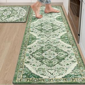 Ileading Kitchen Anti Fatigue Mat Set of 2 Non Skid Waterproof Kitchen Floor Mat Vintage Cushioned Comfort Standing Mat Boho Kitchen Rug Runner for Kitchen Sink Laundry, 20"x71"+20"x32", Green