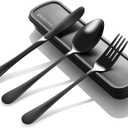 Portable Utensils Set with Case, 4pcs Stainless Steel Reusable Silverware for Lunch Camping School Picnic Workplace Travel, Lunch Box Includ Fork Spoon Knife,Easy to clean,Dishwasher Safe(Black)