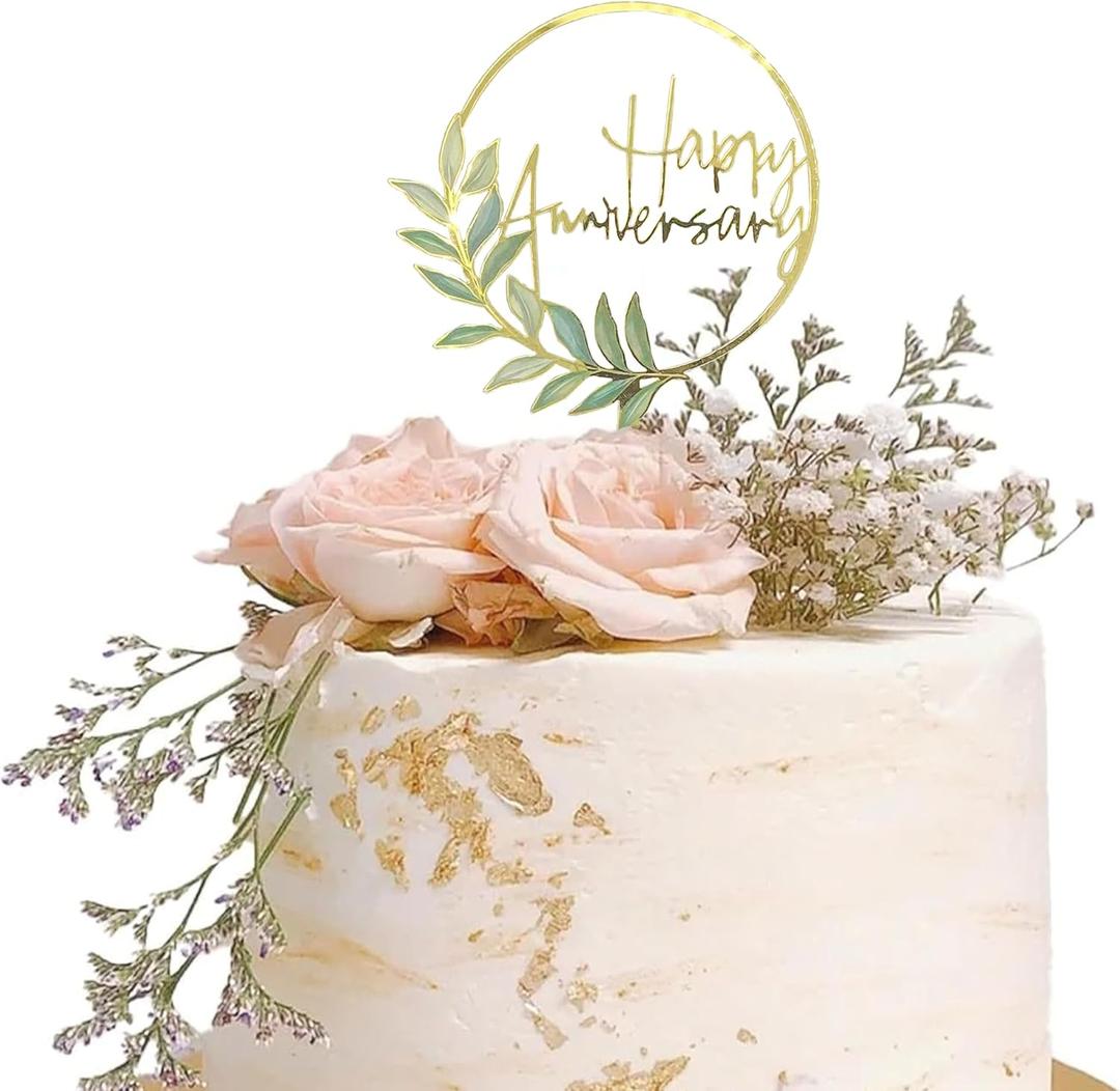 Happy Anniversary Cake Topper with Golden Ring & Green Plant Design， Elegant Acrylic Cake Decoration for Special Occasions，Acrylic Cake Topper for Anniversaries