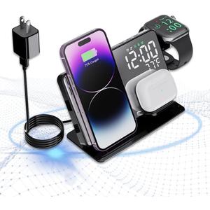 4-in-1 Wireless Charging Station for Apple Devices, 18W Fast Charge Wireless Charger Alarm Clock and Temperature Display, Wireless Charger Stand for iPhone 16 15 14 13 12, Apple Watch (Black)