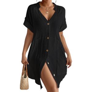 Bsubseach Swimsuit Coverup for Women Cotton Bathing Suit Cover Up Button Down Beach Dress (Small, Black)