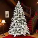 8FT Prelit Flocked Christmas Tree with Light, Snowy Pine Design, 470 Warm White LED Lights, Hinged Branches, Metal Stand, Realistic Artificial Xmas Tree for Indoor Holiday Decoration