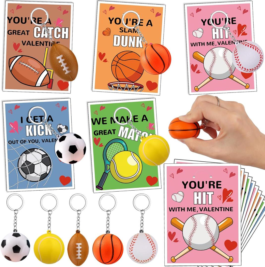 30 Pack Valentines Day Cards for Kids Classroom Valentines Day Gifts for Kids School with Stress Fidget Ball Keychain Valentines for Class Valentines Exchange Cards Party Favors Exchange Gift Set