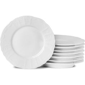 Neaylfe 8 Piece Embossed Ceramic Appetizer & Dessert Plates, 7.5 Inch White Round Salad Plate, Porcelain Dinner Dishes for Dessert, Cake, Snack, Waffles, Dishwasher & Microwave Safe
