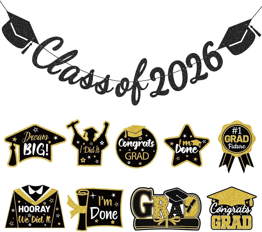 2 x Graduation Decorations 2026, Class of 2026 - Party Supplies Kit with Black and Gold Pre-Strung Glitter Banner & Congrats Grad Cutouts Signs for High School, College, Home, Car Parade