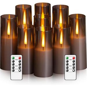 Flickering Flameless Candles,Battery Operated, Flameless Candles with Remote, 2/4/6/8 Hour Timer, Realistic Jumping Flame Effect, Perfect for Home Decor, Holiday Decoration Pcs 9 (Grey)