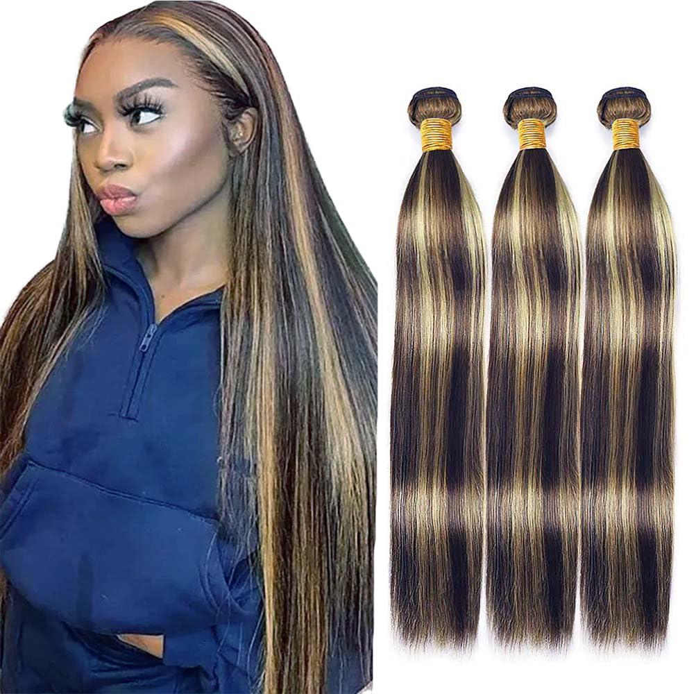 26 28 30 inch P1B27 Highlight Honey Blonde Straight Bundles Double Weft Brazilian Hair Extensions Ombre Two Tone Black Mixed Blonde Bundles Silky and Soft for Women
