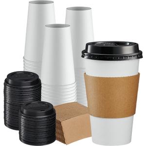 GUSTO [16 oz. - 100 Sets Disposable Coffee Cups with Lids and sleeves - To Go Paper Hot Cups for Travel and Office Use - Formerly Comfy Package