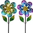 Viveta 2 Pack Wind Spinners,Flower Garden Sculpture, Metal Windmill, Green and Purple Pinwheels for Yard Lawn Patio Decor