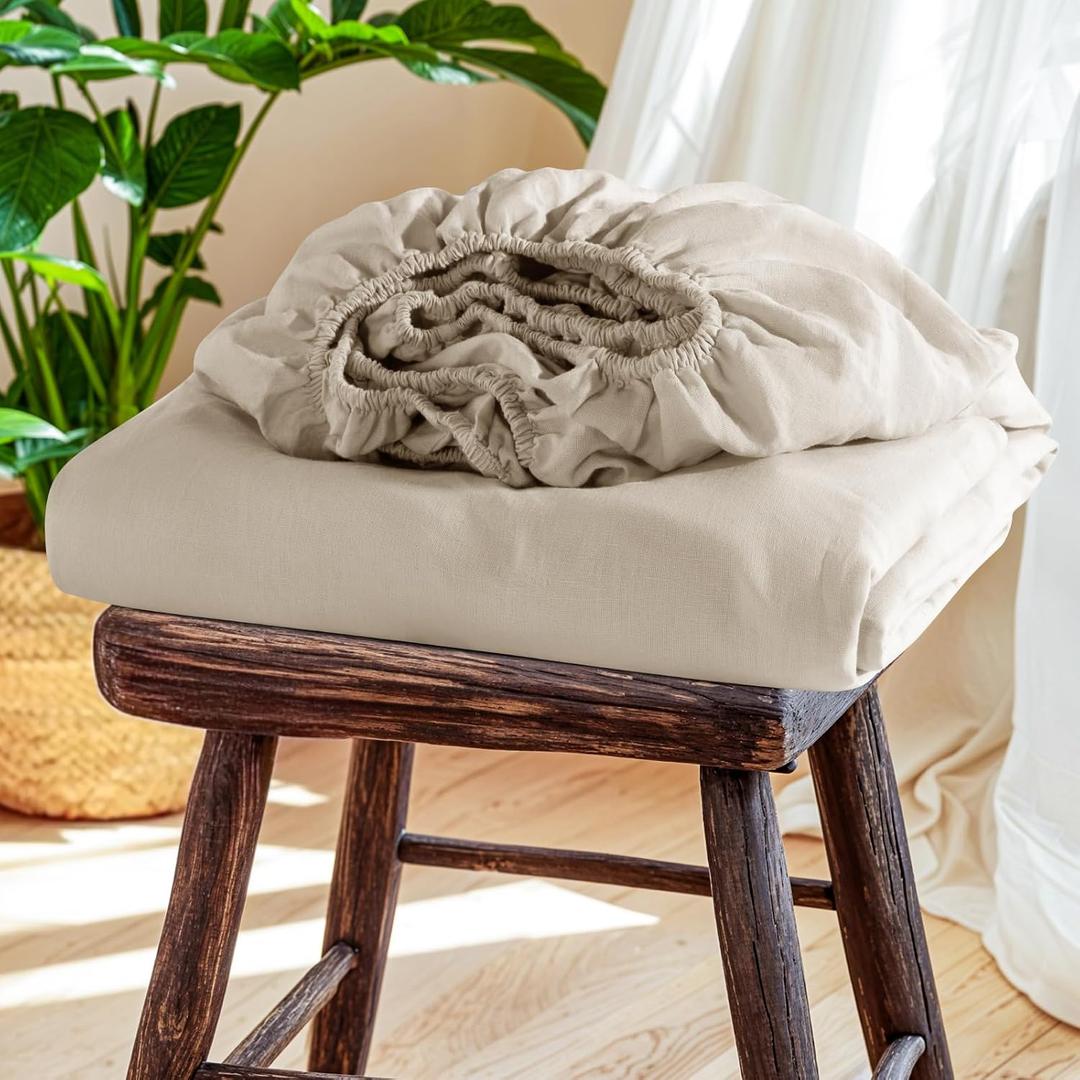 SONORO KATE 100% French Linen Fitted Sheet (1 Piece) - Stone Washed Natural Linen Mattress Cover, 16 Inch Deep Pocket, Ultra Soft, Breathable, Durable for Hot Sleepers (Natural Linen,Twin)