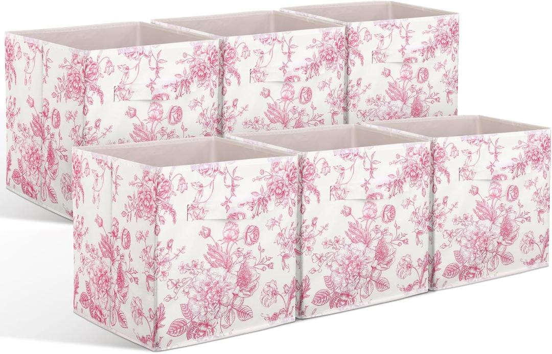 Geelin 6 Pcs Pink Floral Cube Storage Bins 11 Inch Pink Flower Storage Basket with Handle, Preppy Girls Organizer Basket, Collapsible Fabric Box for Classroom Bedrooms Office Home Decoration Gift (27*27*27cm)
