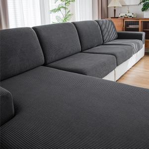 Couch Cushion Covers, Comfort Soft Magic Sofa Covers Washable Stretch Resistant Slipcovers for Sectional and L Shaped Seats (3 Seaters+1 Chaise, Dark Gray)