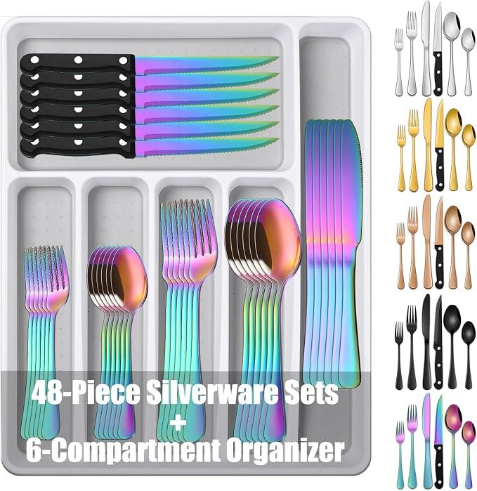 49-Pieces Colorful Rainbow Stainless Steel Silverware Sets With Organizer And Steak Knives,Knife Spoon And Fork Eating Utensils Sets For Ktichen,Multicolor Flatware Sets With Cutlery Tray
