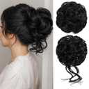 CJL HAIR 2PCS Messy Bun Hair Pieces Wavy Curly Synthetic Updo Chignon Fake Scrunchies Ponytail Extension for Women Black