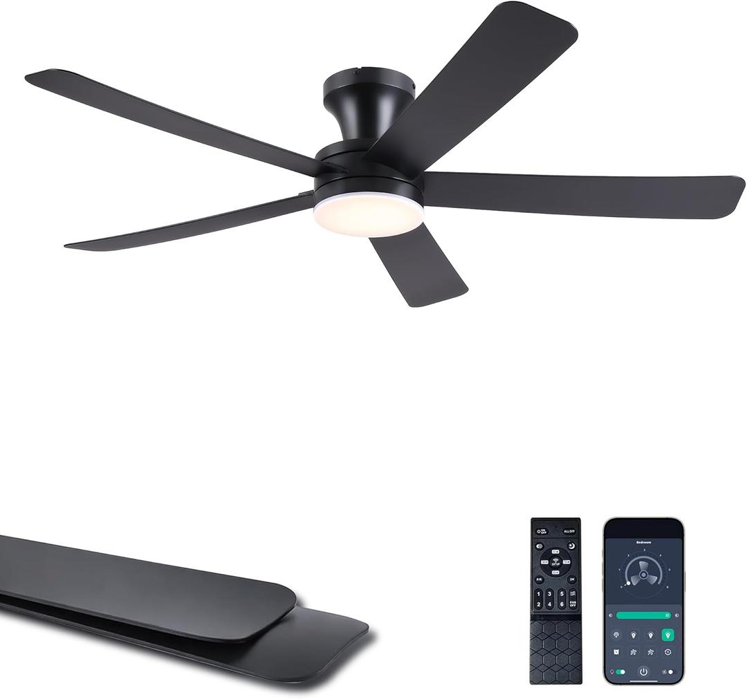 Ayaoty 46" Ceiling Fans with Lights and Remote - Black Flush Mount Ceiling Fan Light with ABS Blades and 3CCT Dimmable, Reversible, Low Profile Fan Light for Indoor Modern Bedroom, Kitchen