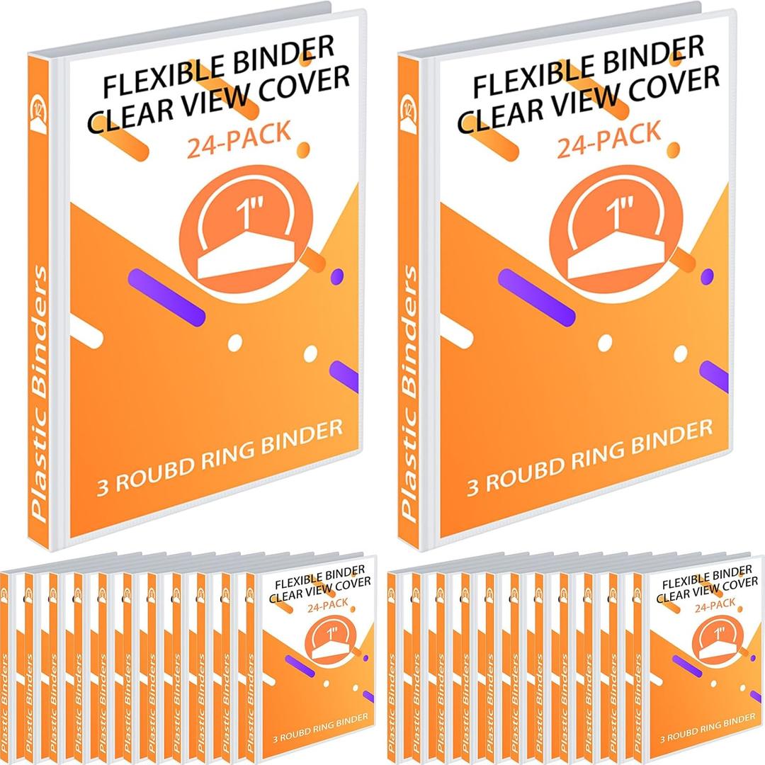 Fulmoon 24 Pcs 3 Ring Plastic Binders Bulk with 2 Pockets Flexible Binder with Transparent View Cover Plastic Binder for Home Office(1 Inch,White)