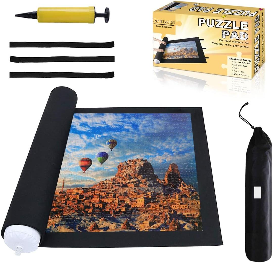 Jigsaw Puzzle Mat Roll Up - 2000 1500 500 Pieces Saver Large Puzzles Board for Adults Kids, Storage and Transport Premium Pump Puzzle Glue Felt Mat Inflatable Tube Cover Keeper Pad Holder Organizer (Black)