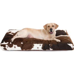 Bedfolks Plush Waterproof Dog Crate Bed, Faux Fur Kennel Pad for Extra Large Dogs, Removable Washable Cover, 41"x27", Cow Print