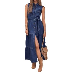 chouyatou Women's Summer Button Down Denim Shirt Dress Business Casual Belted Sleeveless Midi Long Jean Dress (X-Small, Dark Blue)