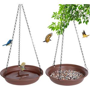 Hanging Bird Feeder & BirdBath for Outdoors, Wild Bird Feeders Tray, Hanging Birdbaths Trays for Outside, Cardinal, Blue Jay, Crow, Birdfeeders Outside (12", 1 Pcs with Hole & 1 Pcs No Hole) (Dark Brown, Pack of 2)
