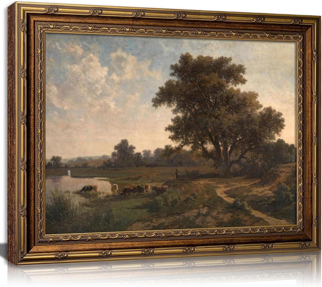Vintage Gold Framed Landscape Wll ArtRetro Rustic Countryside Wall Decor Classic Rural River Scene Painting Picture Ldyllic Pastoral Scenic Nature Canvas Artwork for Living Room Bedroom Home Decor, 24"L x 16"W