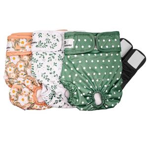 Pet Parents® Washable Dog Diapers (3pack) + Extendrs® of Durable Doggie Diapers, Premium Dog Diapers Female (Medium, Daisy)