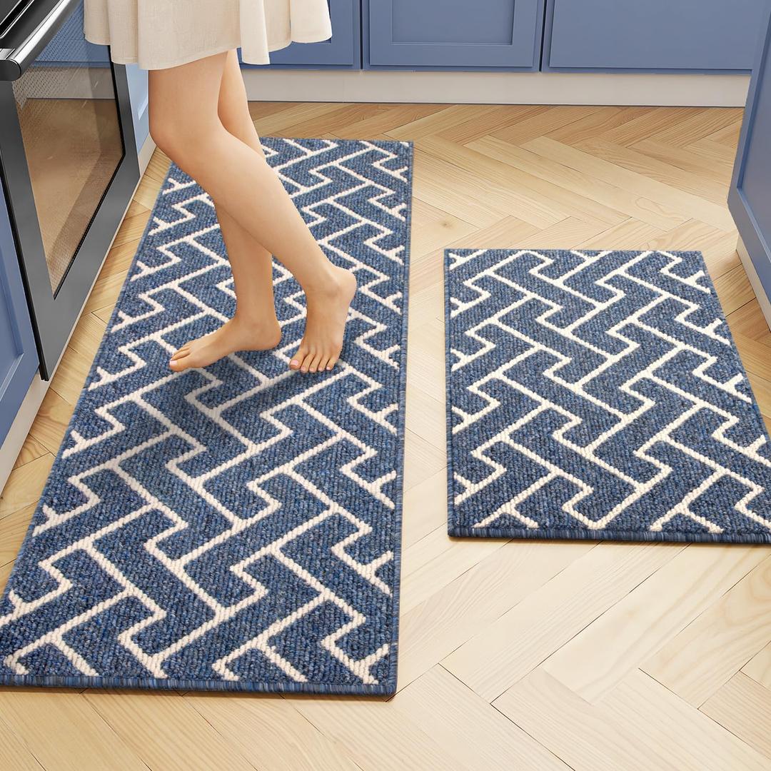 hicorfe Kitchen Runner Rug,Set of 2 Non Slip Kitchen Mats for Floor,Comfort Washabe Kitchen Rugs Carpet for Hallways Entryway Laundry Room(20"x32"+20"x48",Navy Blue)