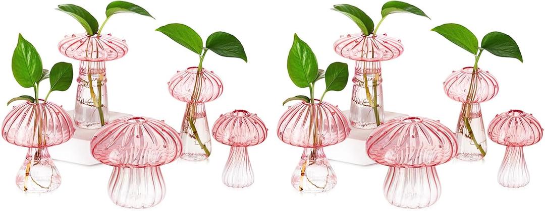 Hewory Mushroom Jars for Plants, 10pcs Pink Glass Mushroom Bud Vase for Flowers, Unique Plant Propagation Stations Propagating Vases Decor, Mini Cute Hydroponic Terrarium Planter for Indoor Planters