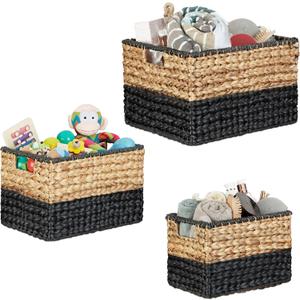 Storage Baskets Set of 3, Water Hyacinth, Wicker Look, Stackable, Portable, Natural/Black