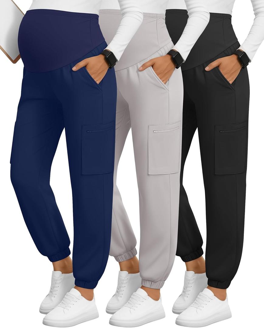 3 Pack Women's Maternity Scrub Pants, Workwear Pregnancy Jogger Pants Over Belly Yoga Sweatpants Zippered Pockets (Black, Light Gray, Navy Blue) S