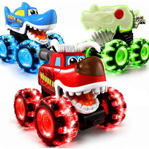 Stargo 3 Pack Monster Truck Toy - Motion Activated Light-Up Cars for Toddlers Bull, Shark, Glow in the dark Skull Pull Back Lightning Wheels Press & Go Cars for Easter Basket Stuffers & Birthday Gifts