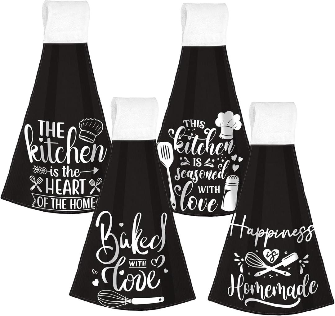 Sratte 4 Pcs Funny Quotes Hanging Kitchen Towels Set Funny Hand Towels with Hanging Loop Kitchen Towel with Saying Dish Towel Oven Stove Gift for Baking Lover Mom Women Home Decor Cooking Housewarming