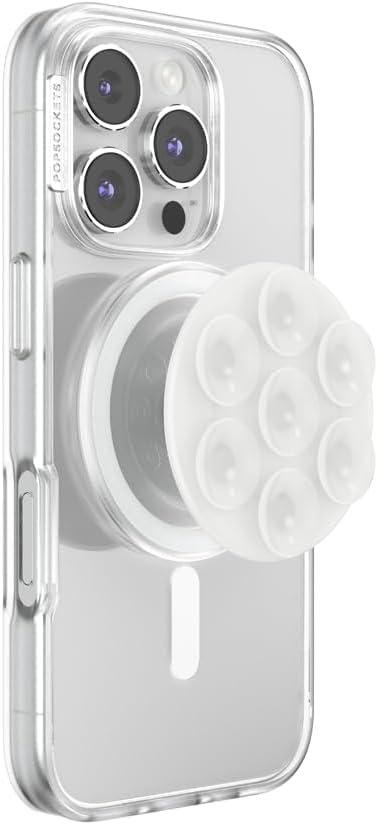 PopSockets Suck-Up Suction Grip & Stand, 3-in-1 MagSafe Phone Mount for iPhone, Strong Hold on Mirrors & Glass, Swappable Top, Portable & Reusable - Clear