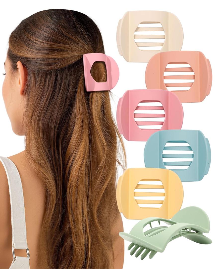 AWAYTR 6Pcs Flat Hair Clips for Women Strong Grip Curved Claw Clip for Thin Hair Non-slip Plastic Hair Barrettes (Red Bean Paste+Pink+Green+Yellow+Blue+Off-White)