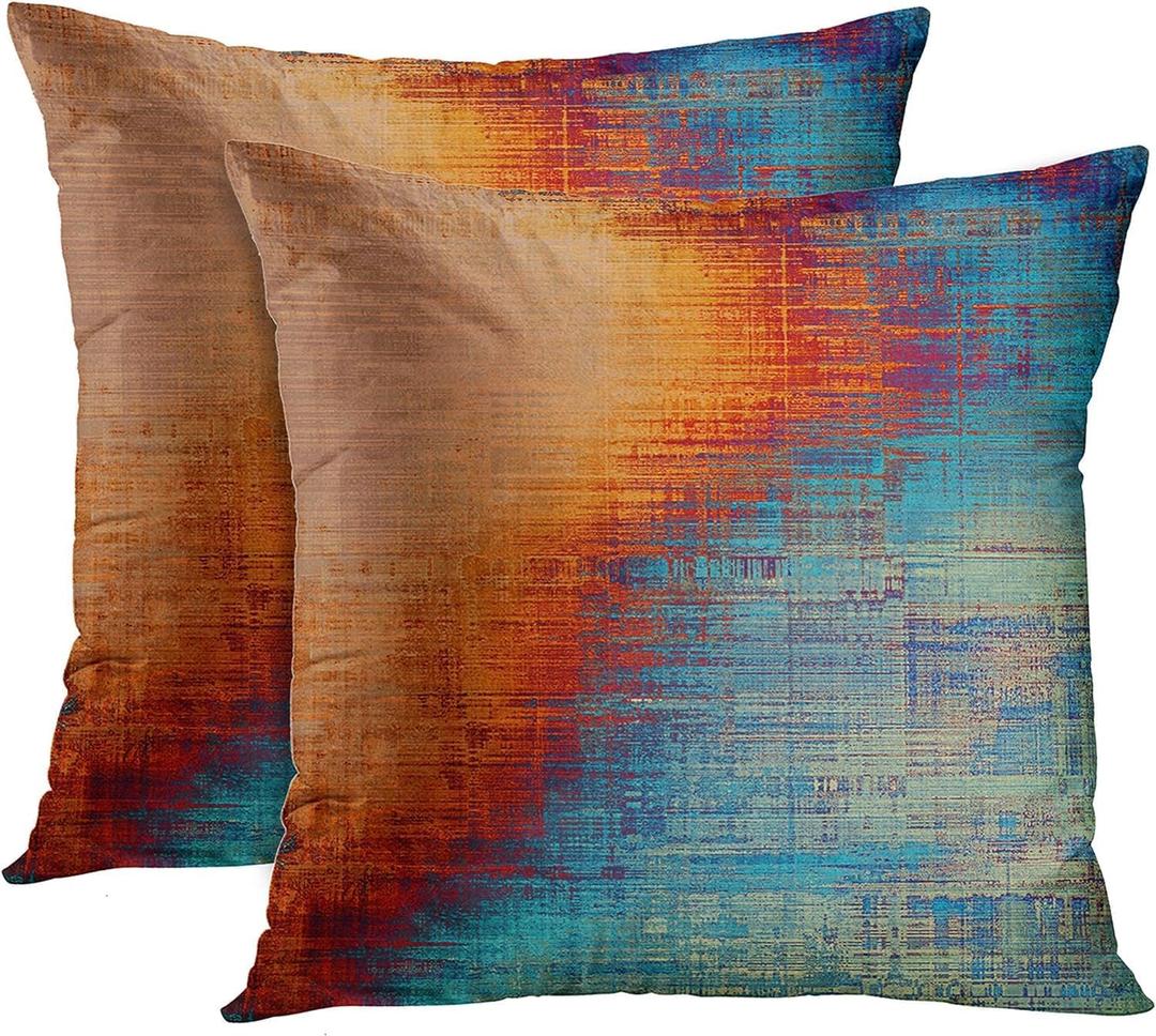 Emvency Set of 2 Orange and Blue Throw Pillow Covers Vintage Abstract Messy Rust Painting Decorative Pillow Cases Home Decor Standard Square 16x16 Inches Pillowcases