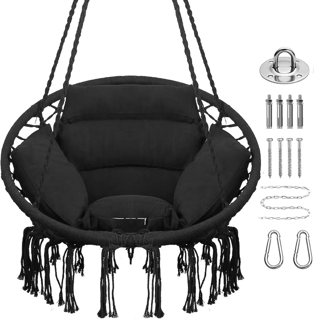 Goutime Hammock Chair with Hanging Hardware Kit and Back Cushions,Macrame Boho Swing Chairs for Indoor,Outdoor,Bedroom,Patio (Black), 55"L x 30"W